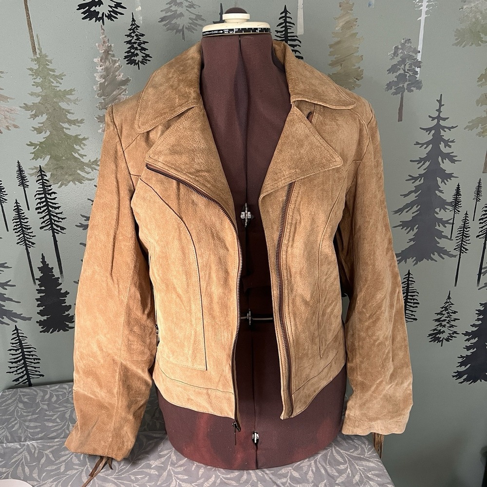 Women's Vtg Gallery Suede boho‎ Jacket with Fringe Western Cowgirl Brown biker